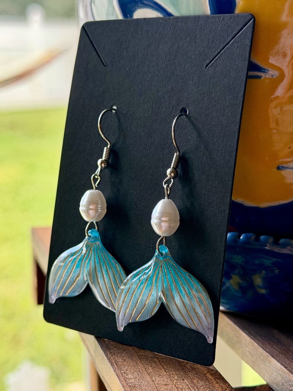 Turquoise Mermaid Tail Drop Earrings with Pearl Accent